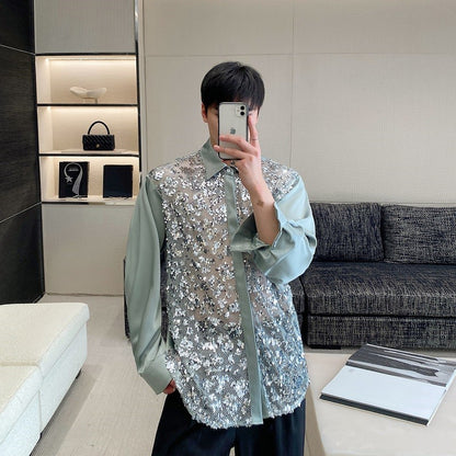 Glitter Sequin Men's Long Sleeve Mesh Lace Shirt