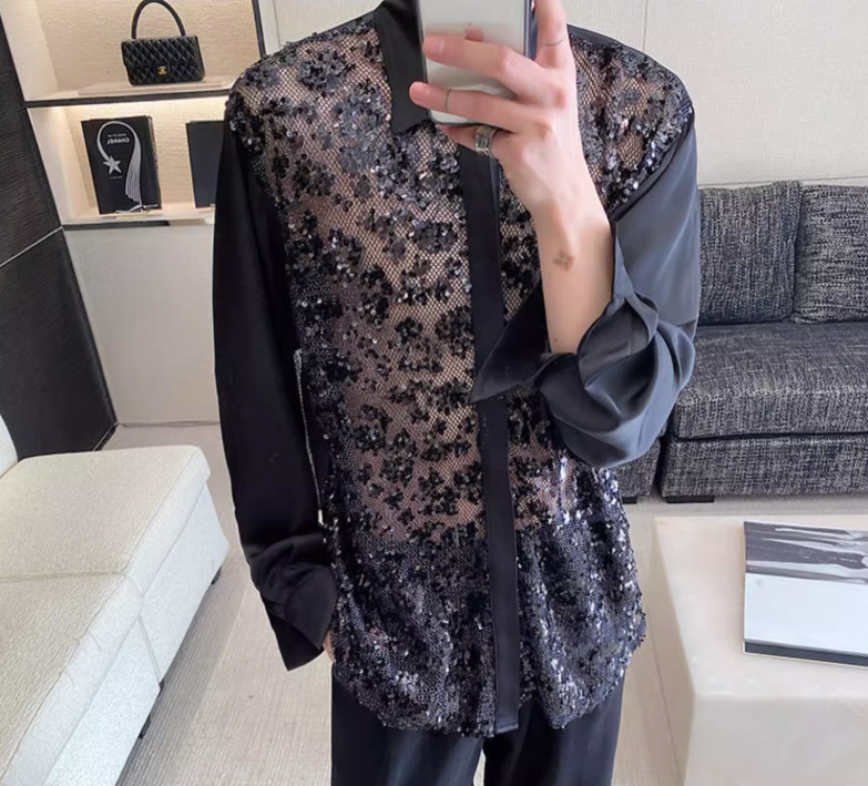 Glitter Sequin Men's Long Sleeve Mesh Lace Shirt