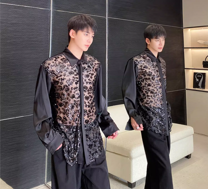 Glitter Sequin Men's Long Sleeve Mesh Lace Shirt