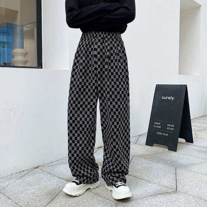 Contrast checked wool casual pants