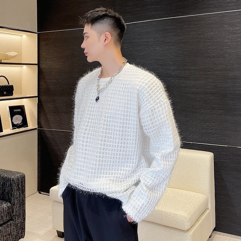 Silk wool woven check pattern crew neck sweatshirt