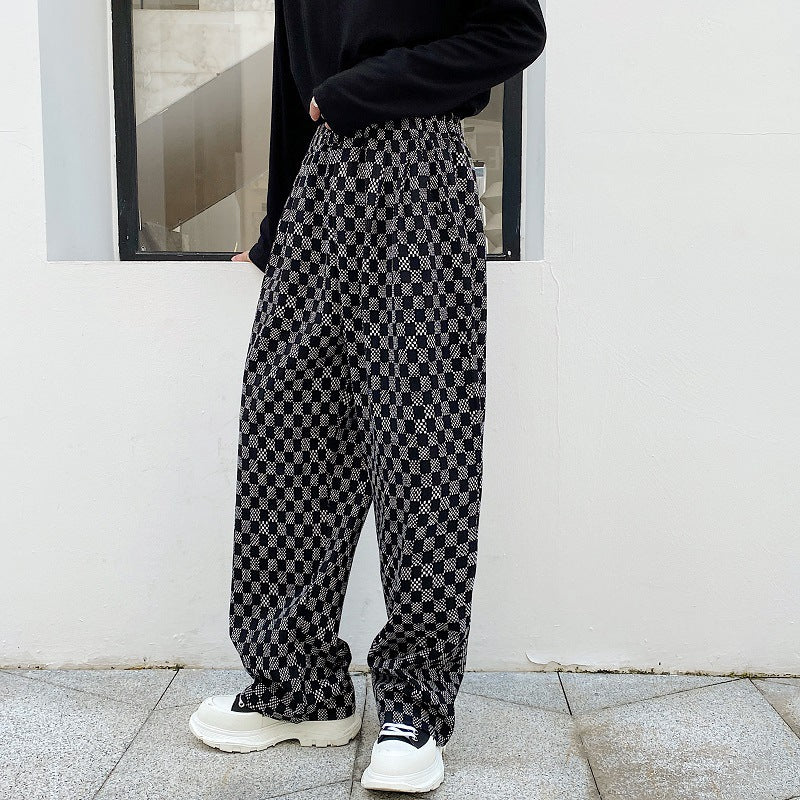 Contrast checked wool casual pants