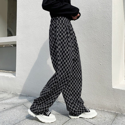 Contrast checked wool casual pants