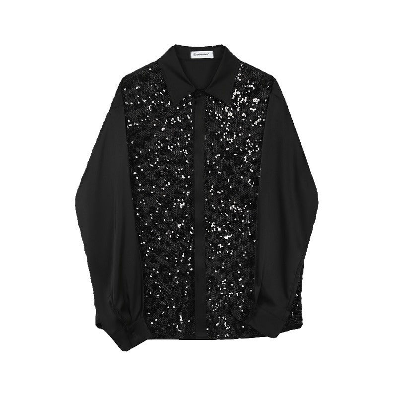 Glitter Sequin Men's Long Sleeve Mesh Lace Shirt